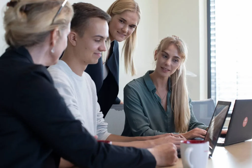 grupp kollegor sitter framför en dator